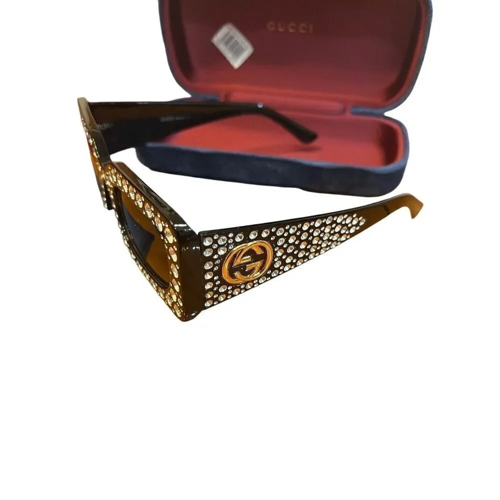 GUCCI black rectangle Diamond Cut Embellished Interlocking Gold G Sunglasses Vtg